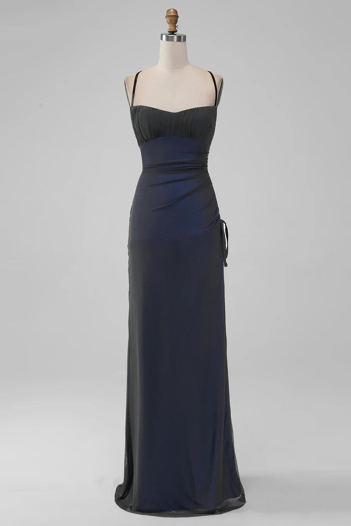 Weitese Dress Black Blue Spaghetti Straps Mermaid Pleated Lace Up Prom Dress With Slit